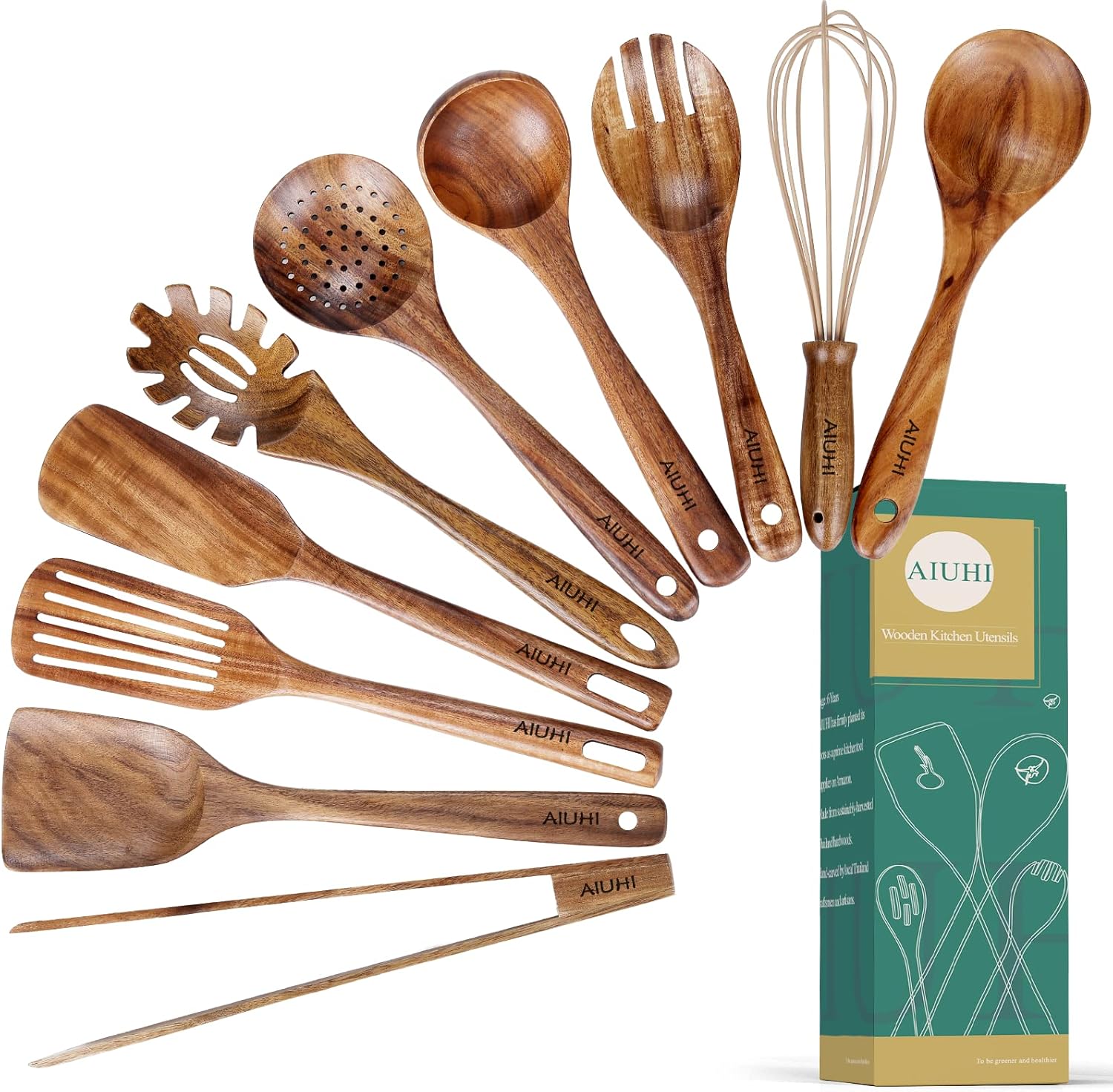 AIUHI 10-Piece Teak Wooden Utensil Set