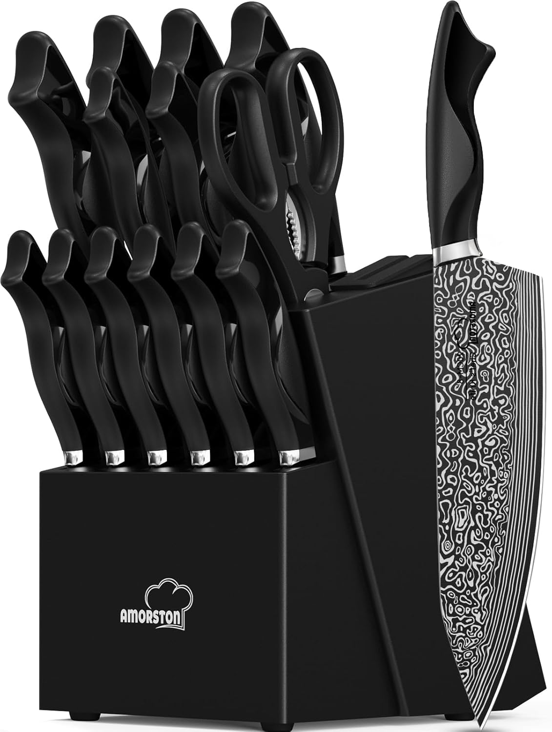 Amorston 15-Piece German Stainless Steel Knife Block Set