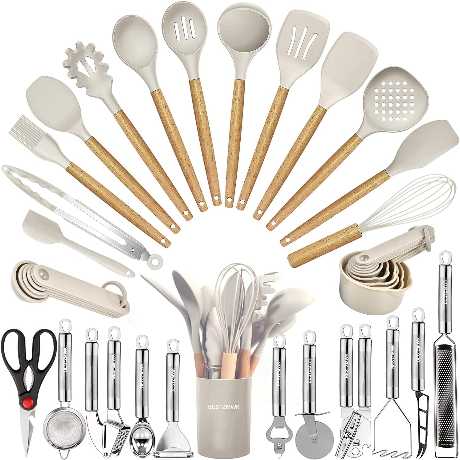 BESTZMWK 35-Piece Silicone Cooking Utensils Set with Wooden Handles