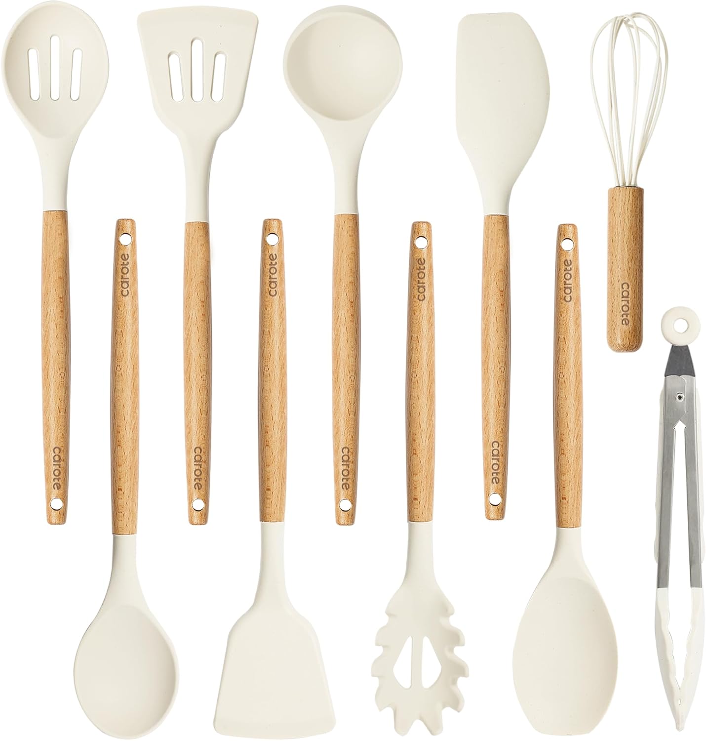CAROTE Silicone Cooking Utensils Set, 10-Piece with Wood Handles