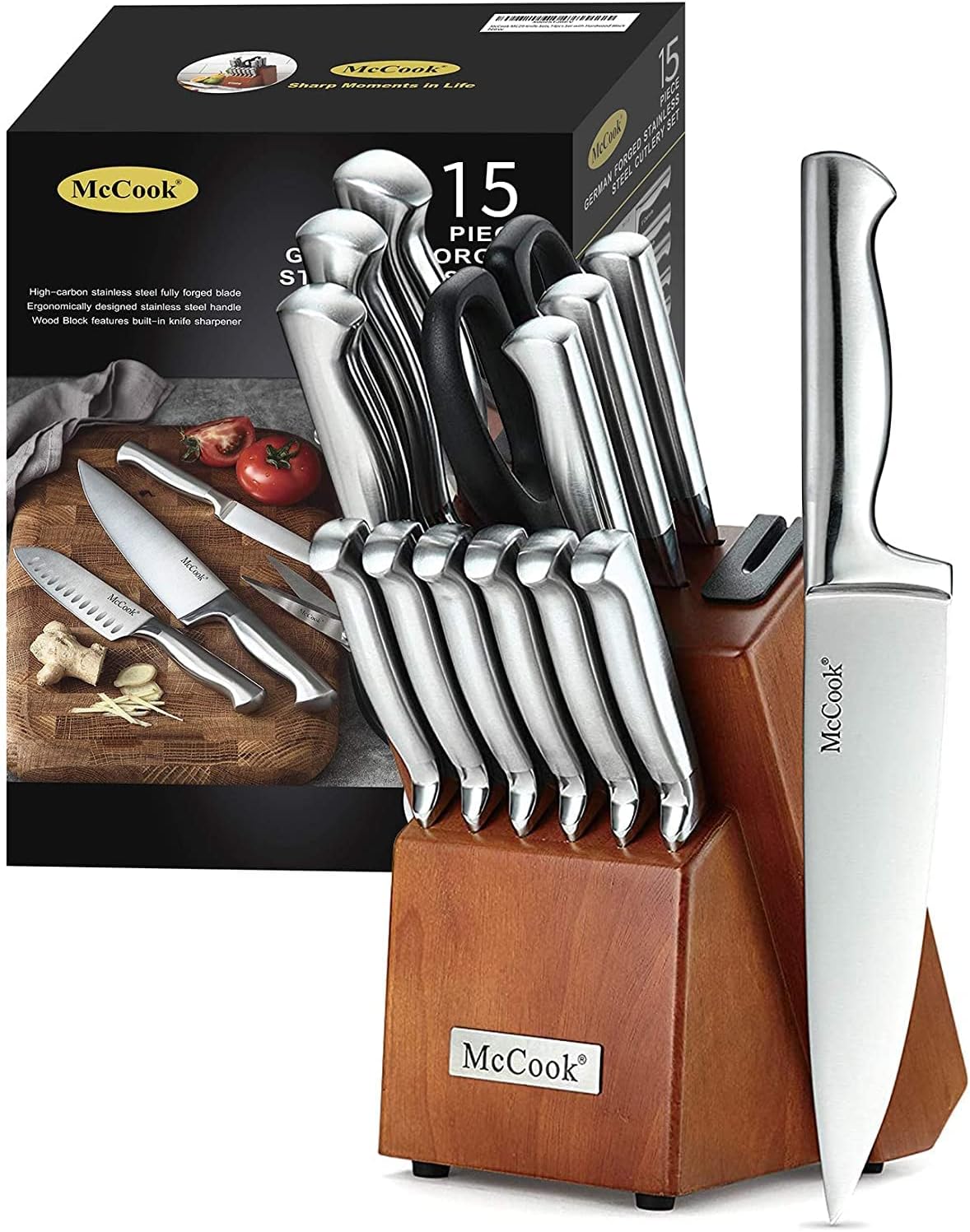 McCook German Stainless Steel Knife Block Set with Built-in Sharpener