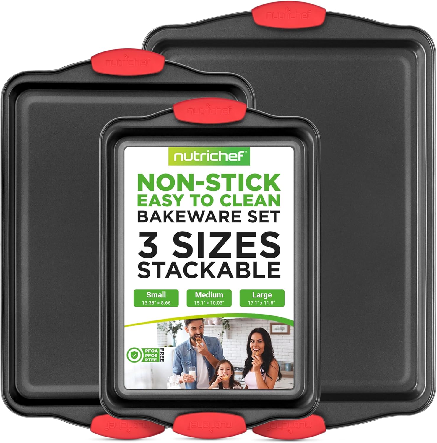 NutriChef 3-Piece Nonstick Baking Pan Set with Silicone Handles