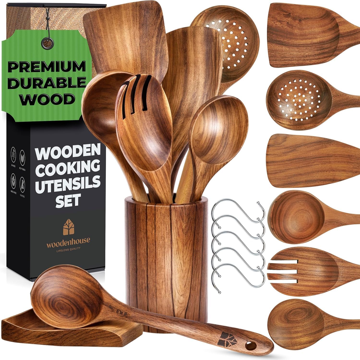 Woodenhouse Wooden Utensil Set 8 Pcs – Teak Spoons & Spatula